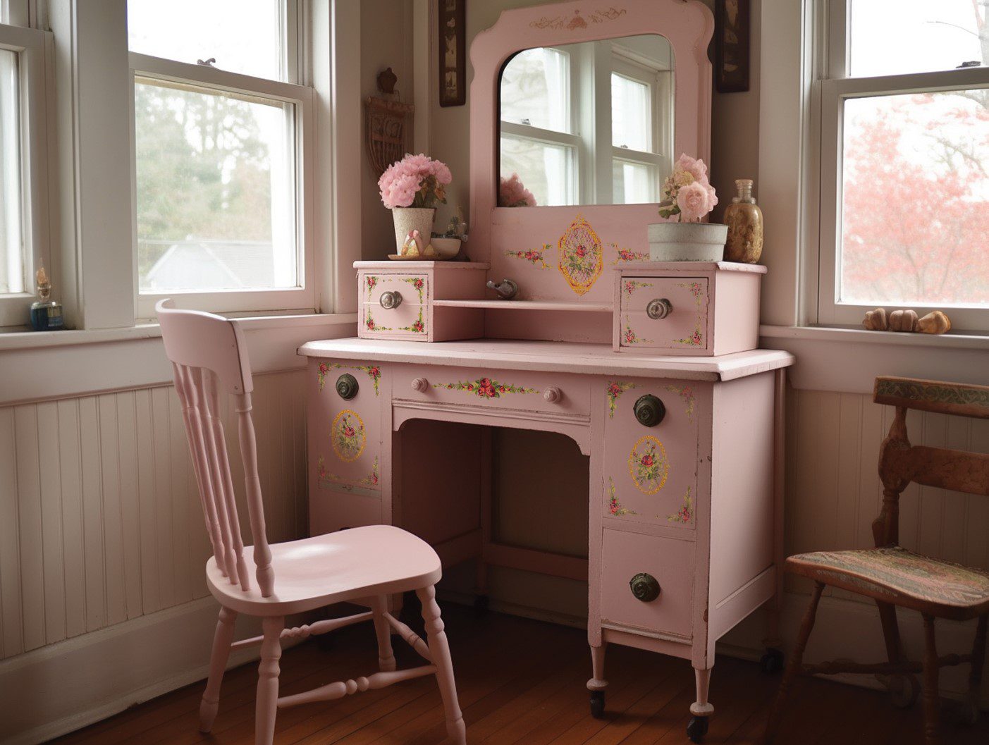 Petite Fleur Red IOD Paint Inlay rózsaszin fésülködőasztalon