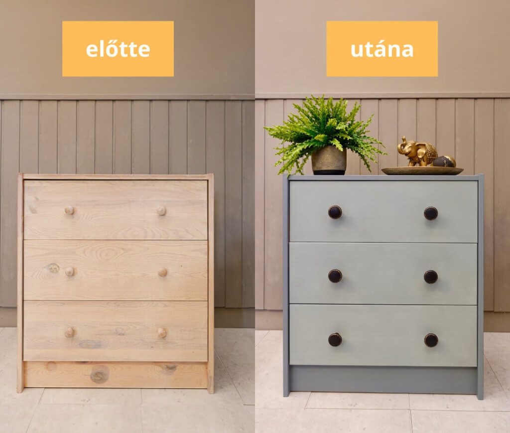 ikeás bútor átfestése Annie Sloan krétafesétkkel és Satin Paint festékkel és bútorgomb csere
