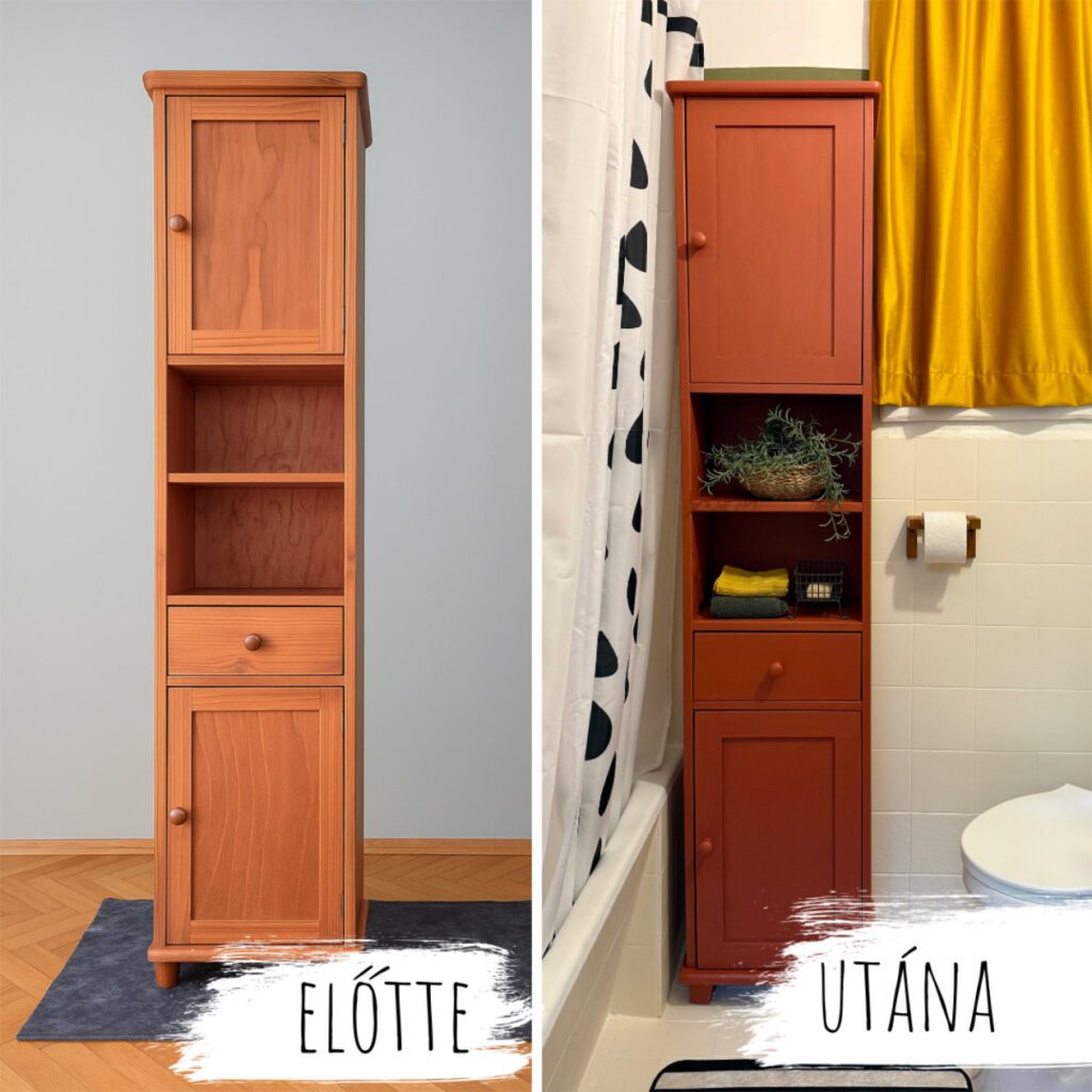 lakkozott fenyőbútor festése Annie Sloan krétafestékkel Paprika Red színre fürdőszobába