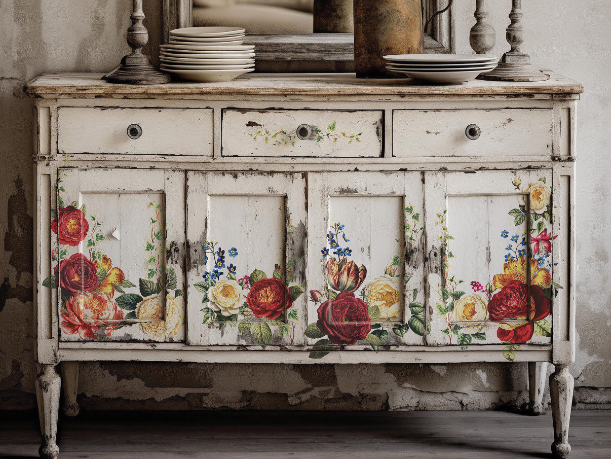 Collage de Fleurs IOD A3 transzfer fehér szekrényen