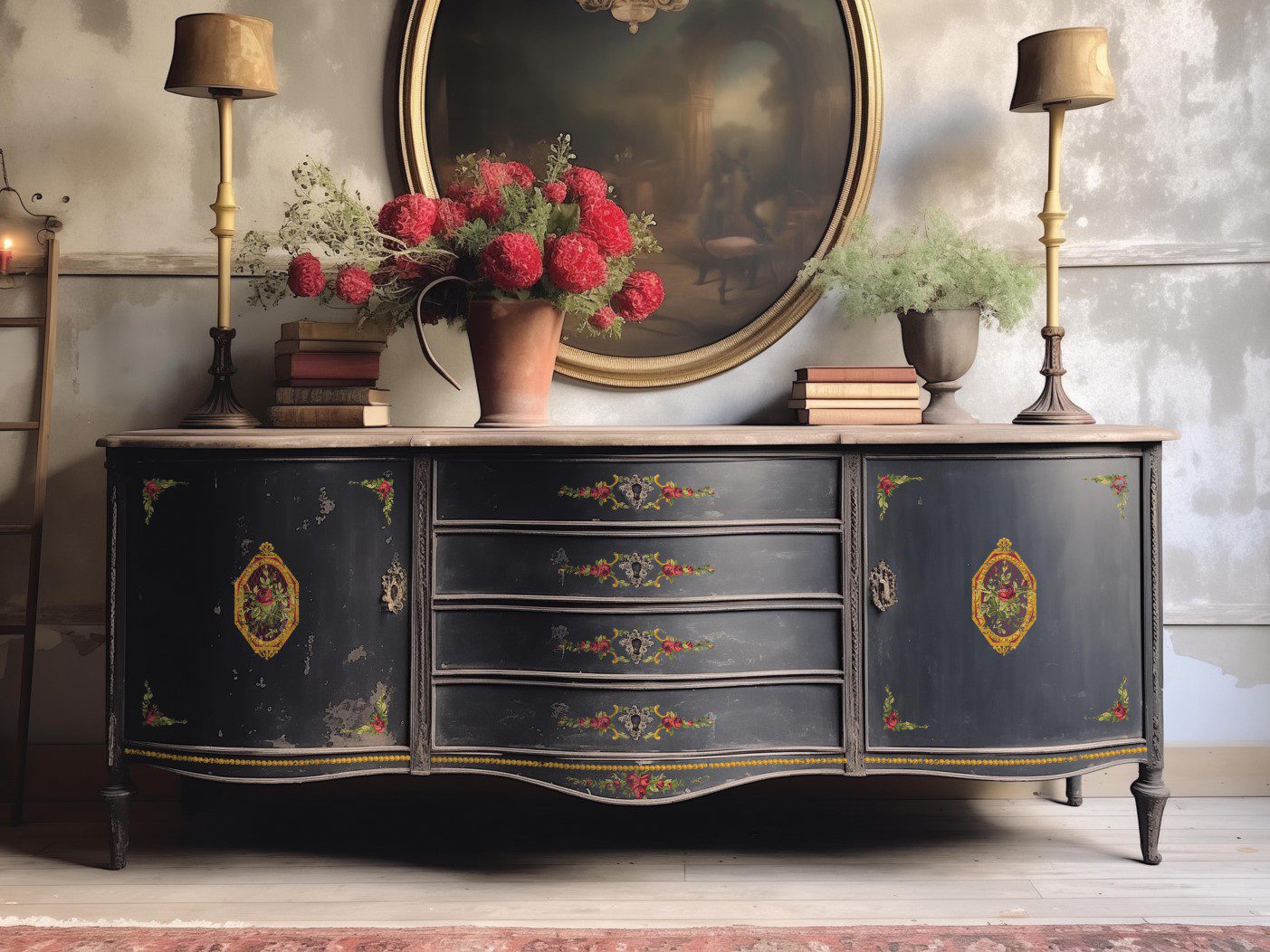 Petite Fleur Red IOD Paint Inlay fekete komódon